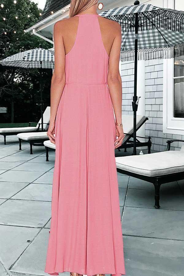 A Line Round Neck Floor Length Keyhole Pink Prom Dress with Split PG424