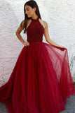 A-Line Round Neck Floor-Length Burgundy Tulle Prom Dress with Beading PG490