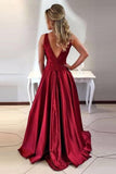 A-Line Round Neck V-Back Maroon Satin Prom Dresses with Lace PG455 - Tirdress