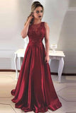 A-Line Round Neck V-Back Maroon Satin Prom Dresses with Lace PG455 - Tirdress