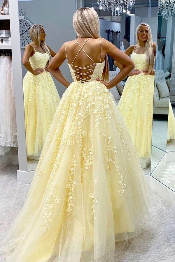 A-Line Round Neck Yellow Tulle Lace Prom Dresses Formal Dresses US16 / Burgundy A-Line Round Neck Yellow Tulle Lace Prom Dresses Formal Dresses US16 / Burgundy