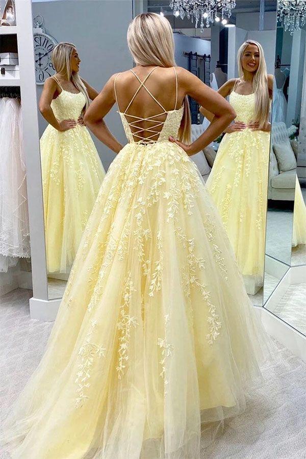 A-Line Round Neck Yellow Tulle Lace Prom Dresses Formal Dresses TP0964 - Tirdress