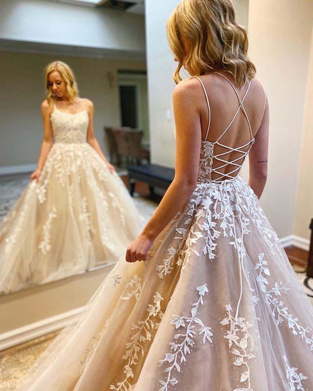 A-Line Round Neck Yellow Tulle Lace Prom Dresses Formal Dresses TP0964 - Tirdress