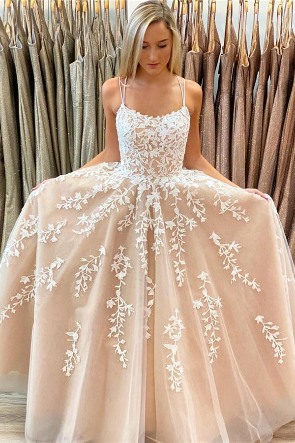 A-Line Round Neck Yellow Tulle Lace Prom Dresses Formal Dresses TP0964 - Tirdress