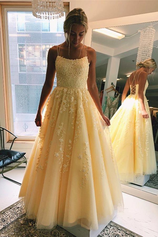 A-Line Round Neck Yellow Tulle Lace Prom Dresses Formal Dresses Tirdress A-Line Round Neck Yellow Tulle Lace Prom Dresses Formal Dresses Tirdress