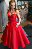 A-Line Satin Straps Tea Length Prom Dress With Pocket HD0110 - Tirdress