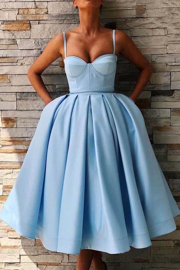 A-Line Satin Straps Tea Length Prom Dress With Pocket HD0110 - Tirdress