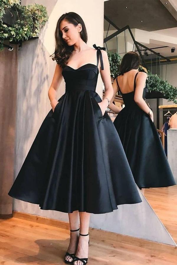 A-Line Satin Straps Tea Length Prom Dress With Pocket HD0110 - Tirdress