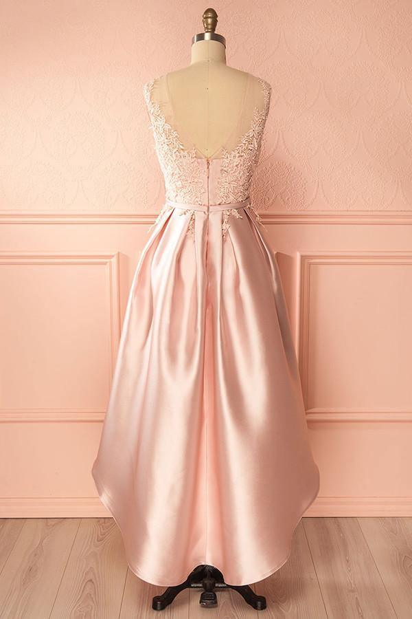 A-Line Scoop High Low Pink Satin Homecoming Dress With Appliques TR0200 - Tirdress