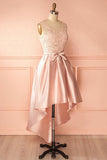 A-Line Scoop High Low Pink Satin Homecoming Dress With Appliques TR0200 - Tirdress
