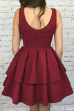 A-Line Scoop Short Burgundy Tiered Elastic Satin Homecoming Dress PG193 - Tirdress