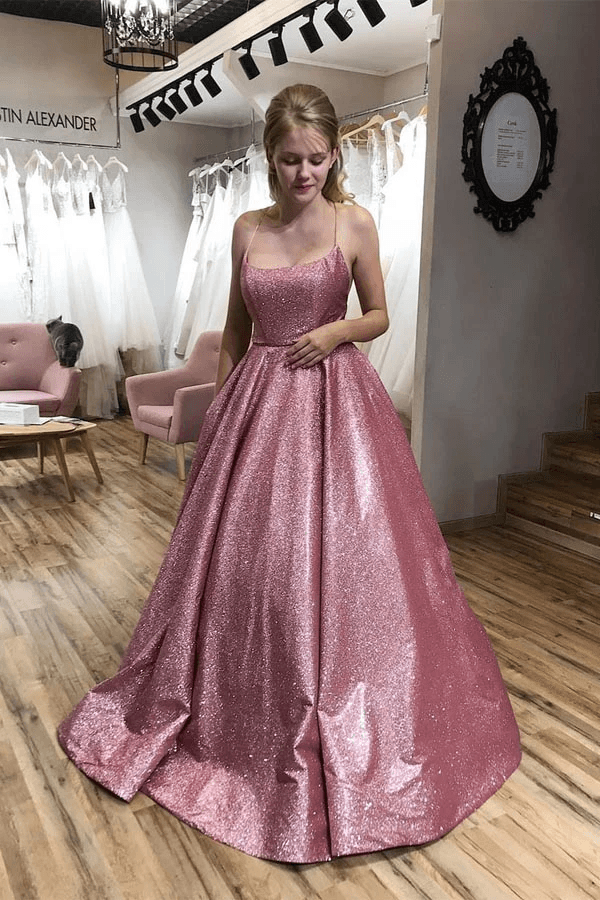 A Line Scoop Spaghetti Straps Sparkle Prom Formal Dress With