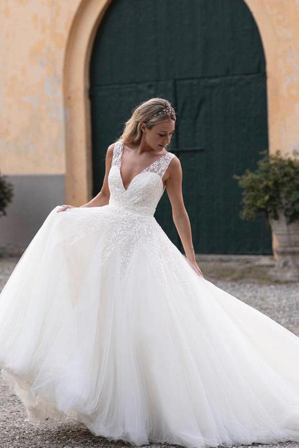 A-Line V Neck Ivory Satin Simple Elegant Wedding Dresses Bridal Gown –  Tirdress