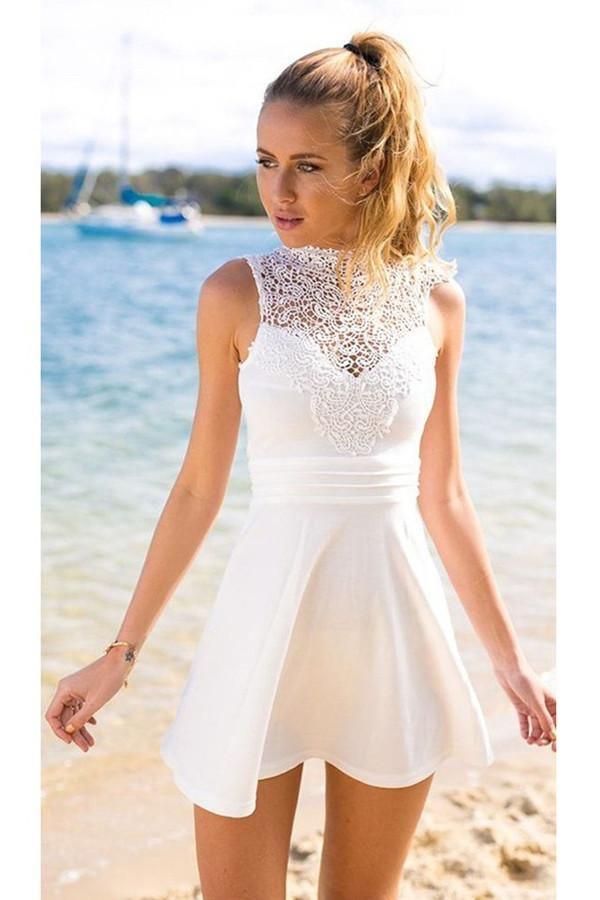 A-Line Short Open Back White Stretch Satin Homecoming Dress With Lace TR0188 - Tirdress