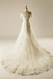 A-Line Short Sleeve Waist Lace Wedding Dress With Appliques Beading TN0097 - Tirdress