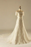 A-Line Short Sleeve Waist Lace Wedding Dress With Appliques Beading TN0097 - Tirdress