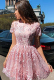 A-ligne manches courtes robe de soirée courte rose avec appliques en dentelle HD0024
