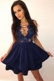 Kurzes, abgestuftes, sexy Abendkleid in A-Linie in Marineblau mit Applikationen HD0027