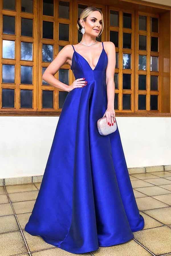 A-Line Simple Spaghetti Straps Royal Blue Floor Length Satin Prom Dress TP0157 - Tirdress