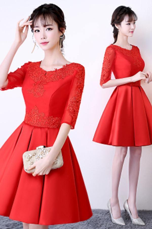A-Line Solid Color Lace Homecoming Dress Short Prom Dress With Appliques TR0213 - Tirdress