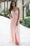 A-Line Spaghetti Straps Backless Pink Chiffon Prom Dress with Lace PG410