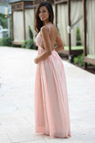 A-Line Spaghetti Straps Backless Pink Chiffon Prom Dress with Lace PG410 - Tirdress