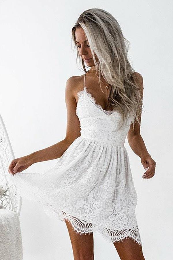 A-Line Spaghetti Straps Criss-Cross Straps Ivory Lace Homecoming Dress PG191 - Tirdress