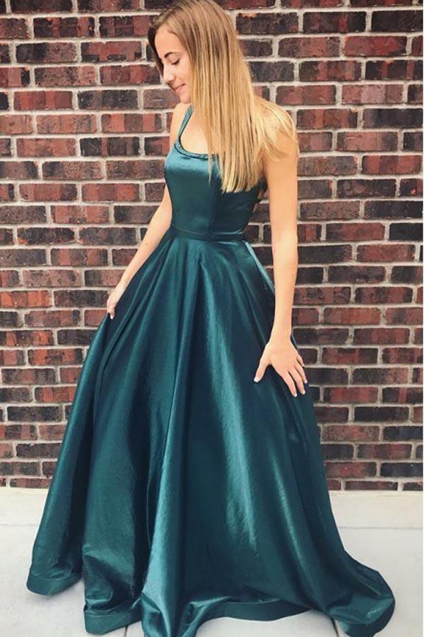 A-Line Spaghetti Straps Long Backless Hunter Satin Prom/Evening Dress TP0934 - Tirdress