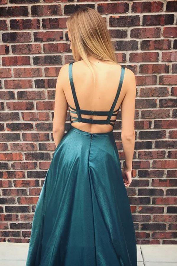 A-Line Spaghetti Straps Long Backless Hunter Satin Prom/Evening Dress TP0934 - Tirdress