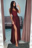 A-ligne bretelles spaghetti longue robe de soirée de bal bordeaux avec paillettes en dentelle TP0913