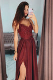 A-Line Spaghetti Straps Long Burgundy Prom Party Dress with Lace Sequins TP0913 - Tirdress