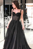 A-Line Spaghetti Straps Long Prom Dress Sleeveless Black Evening Dress TP0956