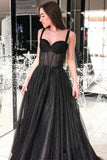 A-Line Spaghetti Straps Long Prom Dress Sleeveless Black Evening Dress TP0956 - Tirdress