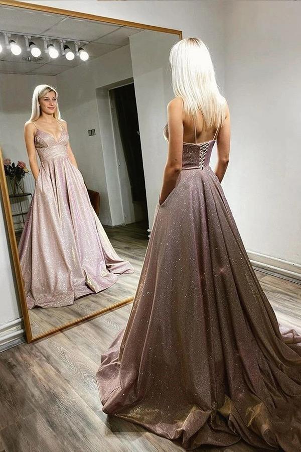 A-Line Spaghetti Straps Long Sequin Shiny Prom Dresses Party Gowns TP1011 - Tirdress