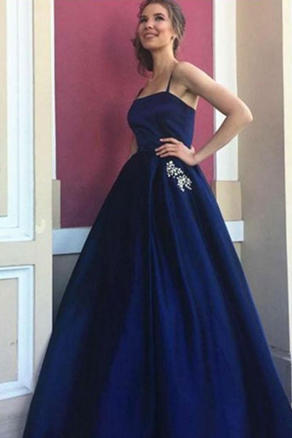 A-Line Spaghetti Straps Navy Blue Satin Prom Dress with Pockets Beading TP0152 - Tirdress