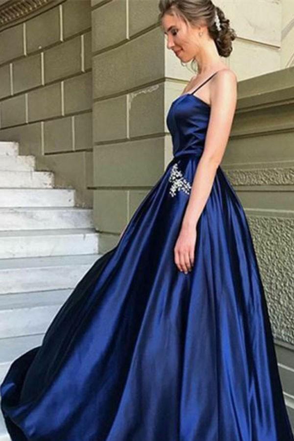 A-Line Spaghetti Straps Navy Blue Satin Prom Dress with Pockets Tirdress A-Line Spaghetti Straps Navy Blue Satin Prom Dress with Pockets Tirdress