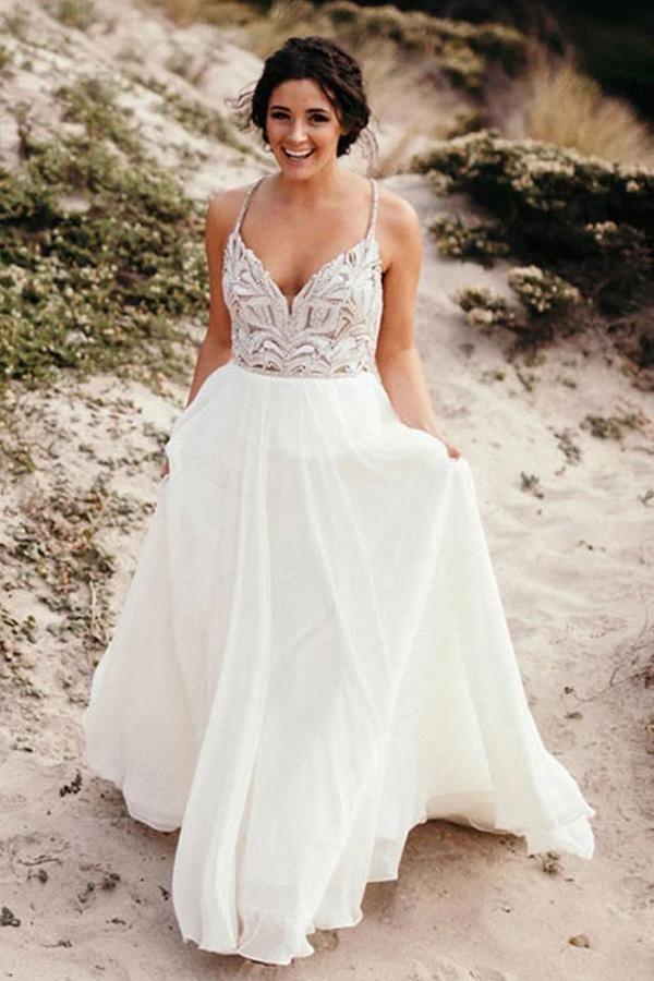 Spaghetti Straps Neckline Beach Wedding Dress With Beaded TN269 US12 / Ivory Spaghetti Straps Neckline Beach Wedding Dress With Beaded TN269 US12 / Ivory