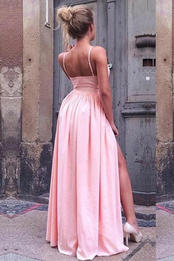 Plus Size Pink Beaded A Line Pink Satin Prom Dress With Spaghetti
