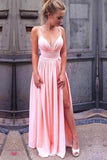 A-Line Spaghetti Straps Pink Pleated Prom Dress with High Split PG461