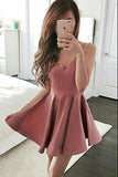 A-Line Spaghetti Straps Short Dark Pink Stretch Satin Homecoming Dress  PG115