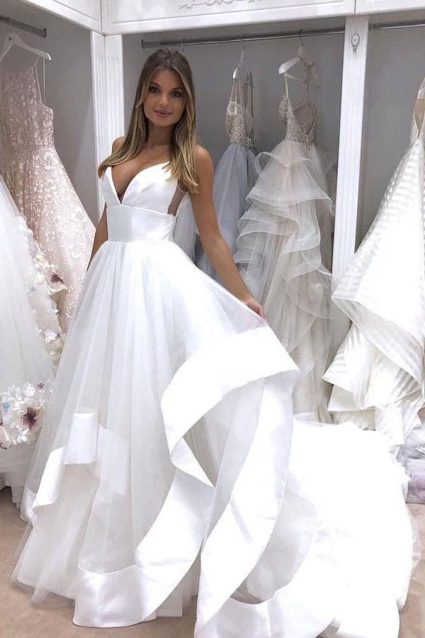 A-Line Spaghetti Straps Sweep Train Tulle White Wedding Dress Bridal Gown TN160 - Tirdress