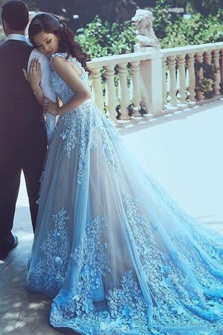 A-Line Square Chapel Train Sleeveless Blue Tulle Wedding Dress WD183 - Tirdress