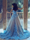 A-Line Square Chapel Train Sleeveless Blue Tulle Wedding Dress WD183 - Tirdress