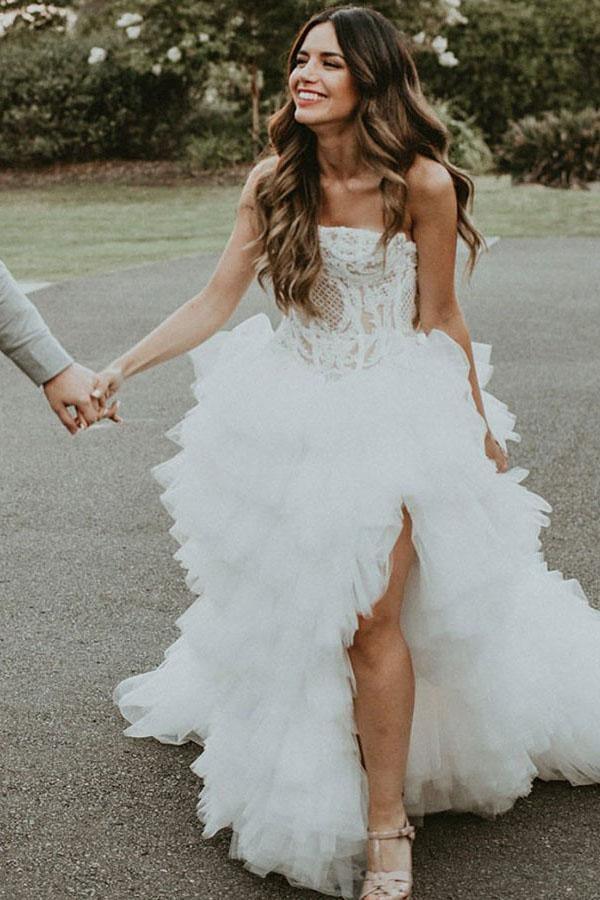 A-Line Strapless Asymmetric Ruffles Wedding Dress with Appliques TN132 - Tirdress