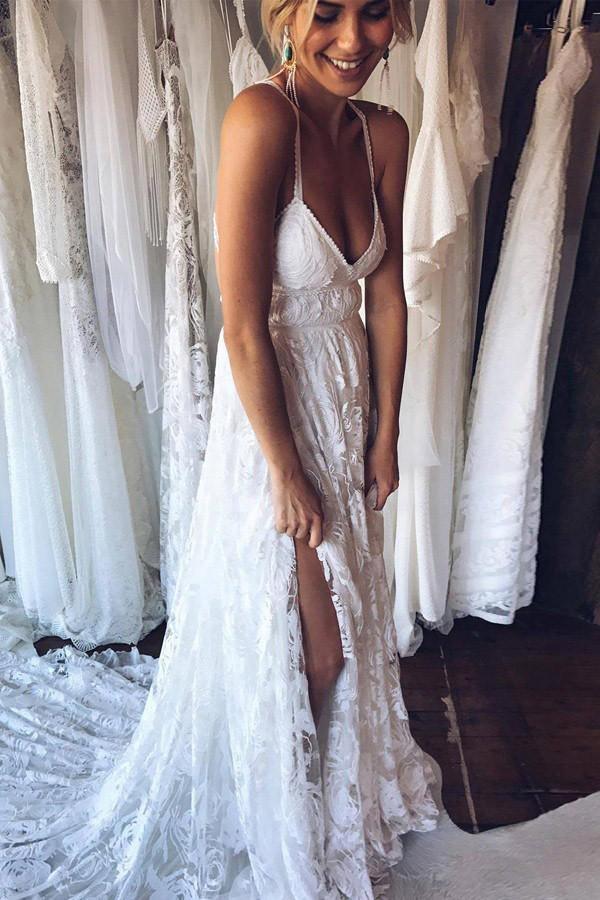 A-Line Straps Backless Court Train Lace Beach Wedding Dress – Tirdress