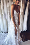 A-Line Straps Backless Court Train Lace Beach Wedding Dress WD108 - Tirdress
