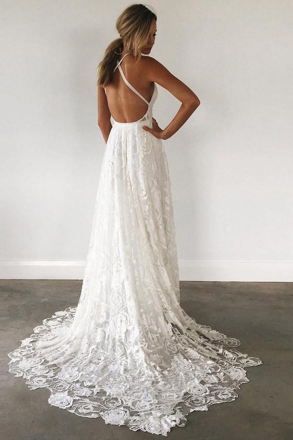A-Line Straps Backless Court Train Lace Beach Wedding Dress WD108 - Tirdress