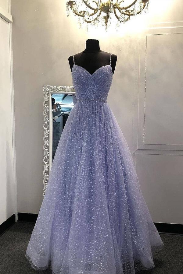 A-Line Straps V Neckline Lilac Tulle Sparkly Prom Dress Evening Dress TP1023 - Tirdress