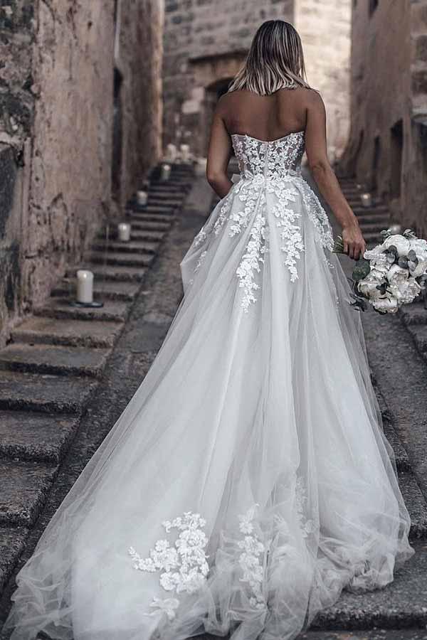 a line wedding dresses with train Stacees Strapless Satin Ball Gown Wedding Dress with Floral Detailing and Train