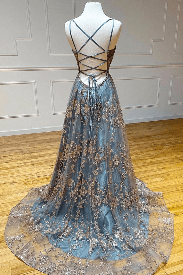A-Line Tulle Straps Sequins Lace Prom Dress Split Evening Dress TP1120 - Tirdress